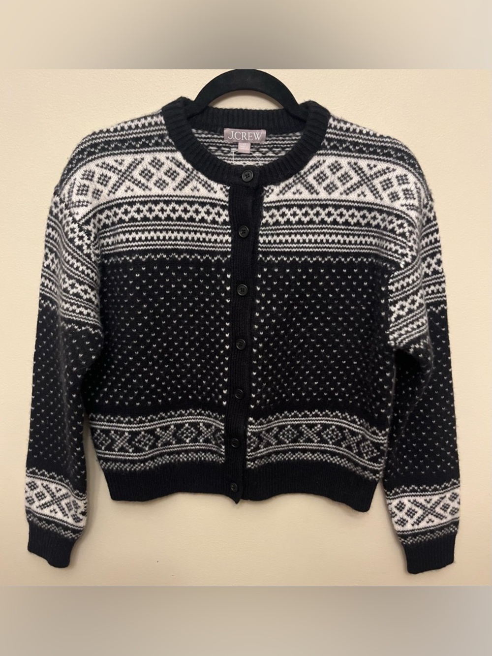 NWT $178 J. Crew Fair Isle Cardigan 100% Lambs Wool Women's Size XS Black Ivory